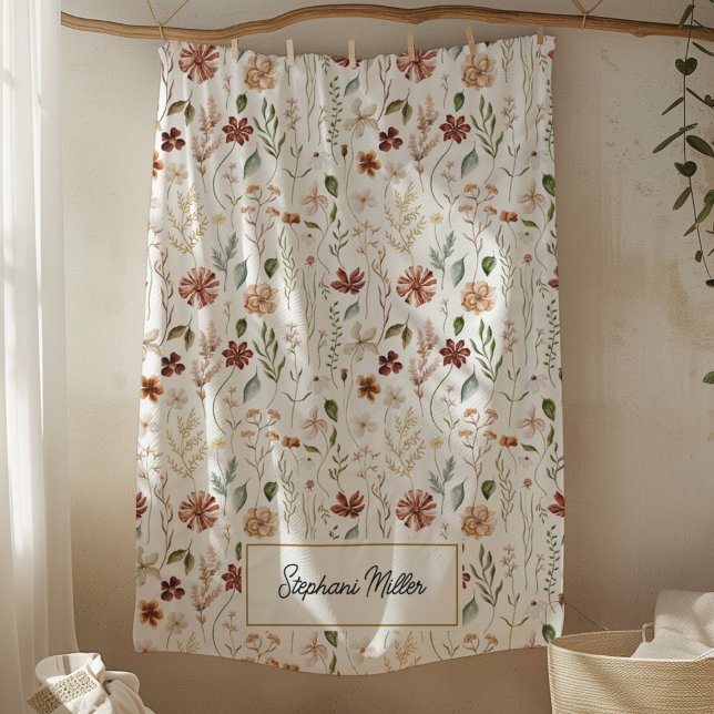 Monogram Watercolor Wildflower Floral Botanical Fleece Blanket (In situ)