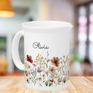Monogram Watercolor Wildflower Pretty Floral Beverage Pitcher
