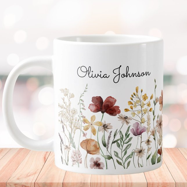 Monogram Watercolor Wildflower Pretty Floral  Giant Coffee Mug (In situ)