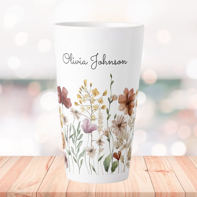 Monogram Watercolor Wildflower Pretty Floral  Latte Mug (In situ)