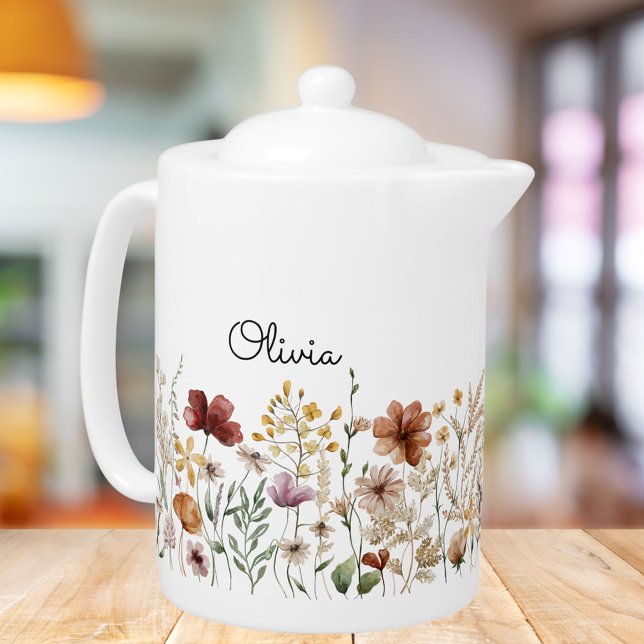 Monogram Watercolor Wildflower Pretty Floral Teapot (In situ)