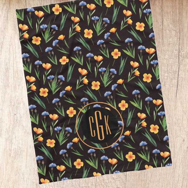 Monogram Watercolor Wildflowers Buttercup Pattern Fleece Blanket (Creator Uploaded)