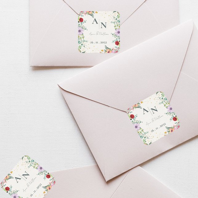 Monogram Watercolor Wildflowers Floral Wedding Square Sticker (Monogram Watercolor Wildflowers Floral Wedding Square Sticker)