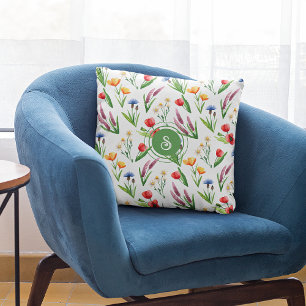 Monogram, Watercolor Wildflowers Pattern 16x16 Throw Pillow