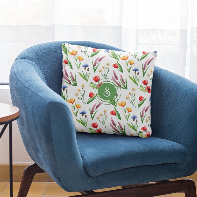 Monogram, Watercolor Wildflowers Pattern 16x16 Throw Pillow (Creator Uploaded)