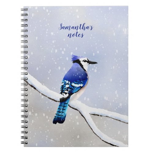 Monogram Watercolor Winter Snow Bird Blue Jay Notebook
