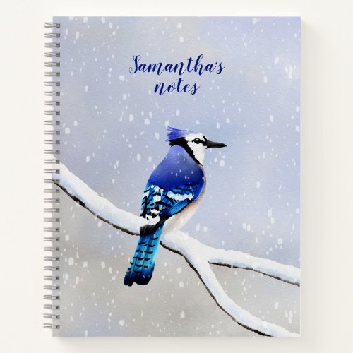 Monogram Watercolor Winter Snowfall Bird Blue Jay Notebook