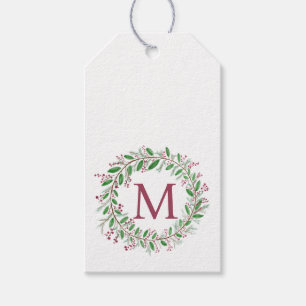 Monogram Watercolor Wreath Christmas Gift Tags