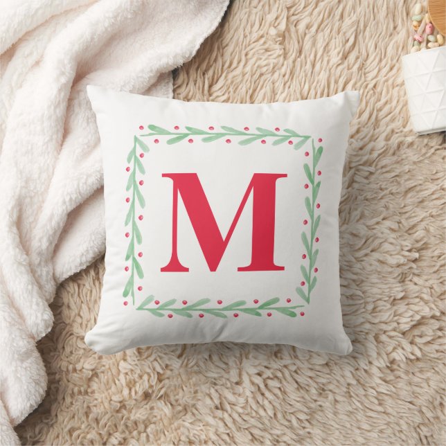 Monogram Watercolor Wreath Christmas Pillow (Blanket)
