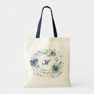 Monogram Watercolor Wreath Dusty Blue Elegant Tote Bag