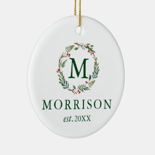 Monogram Watercolor Wreath Newlywed PHOTO BACK Ceramic Ornament