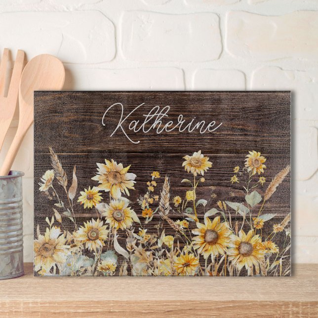 Monogram Watercolor Yellow Sunflower Field Wood Cutting Board (In situ)