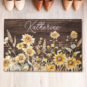 Monogram Watercolor Yellow Sunflower Field Wood Doormat