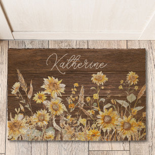 Monogram Watercolor Yellow Sunflower Field Wood Fiber Doormat