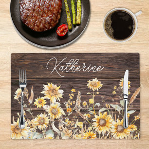 Monogram Watercolor Yellow Sunflower Field Wood Placemat