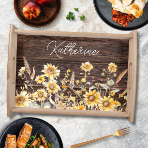 Monogram Watercolor Yellow Sunflower Field Wood Serving Tray