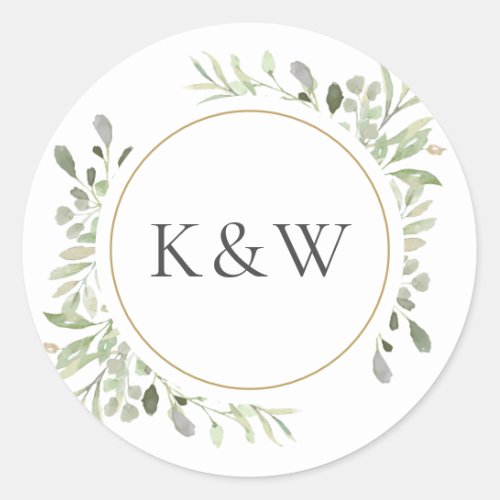 Monogram Watercolour Greenery Wedding Favor Classic Round Sticker