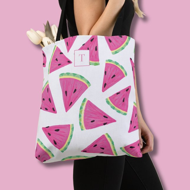 Monogram Watermelon Fruit Pattern Tote Bag (Watermelon pattern monogram tote bag)