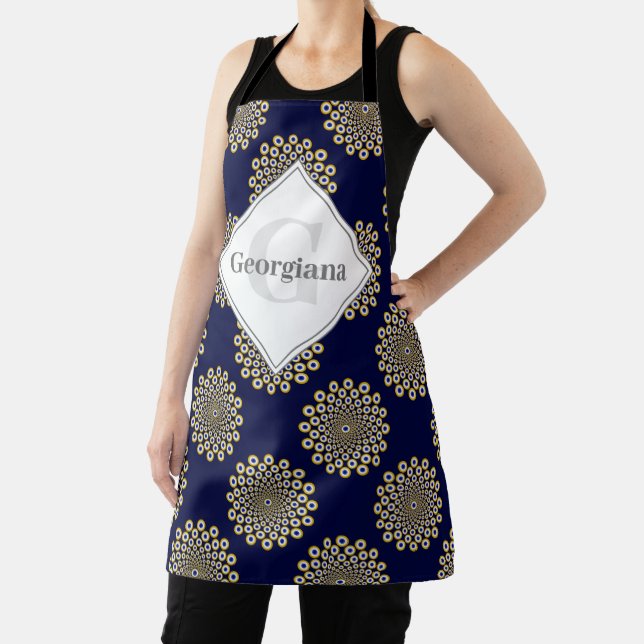 Monogram We Are Watching You Navy & Gold Polka Dot Apron (Insitu)