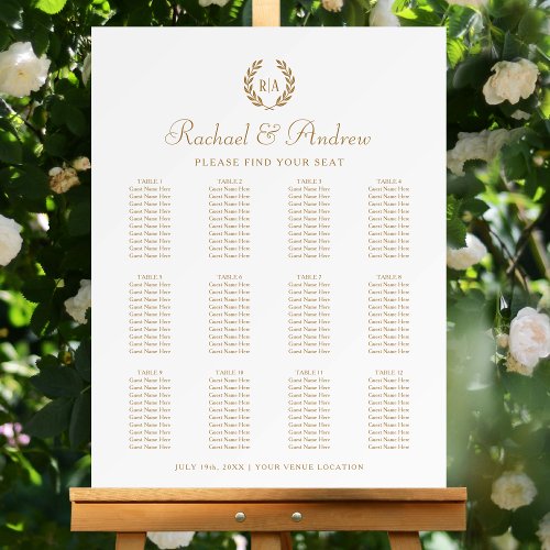 Monogram Wedding 12 Tables Seating Plan Gold Foam Board