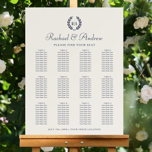 Monogram Wedding 12 Tables Seating Plan Navy Blue Foam Board