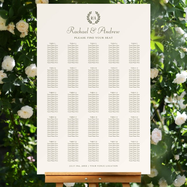 Monogram Wedding 25 Table Seating Plan Green Cream Foam Board (Creator Uploaded)