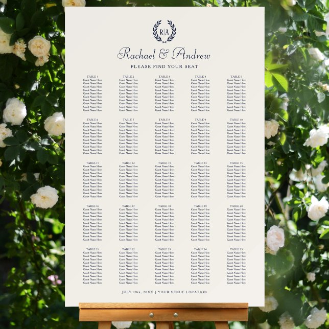 Monogram Wedding 25 Table Seating Plan Navy Cream Foam Board (Creator Uploaded)