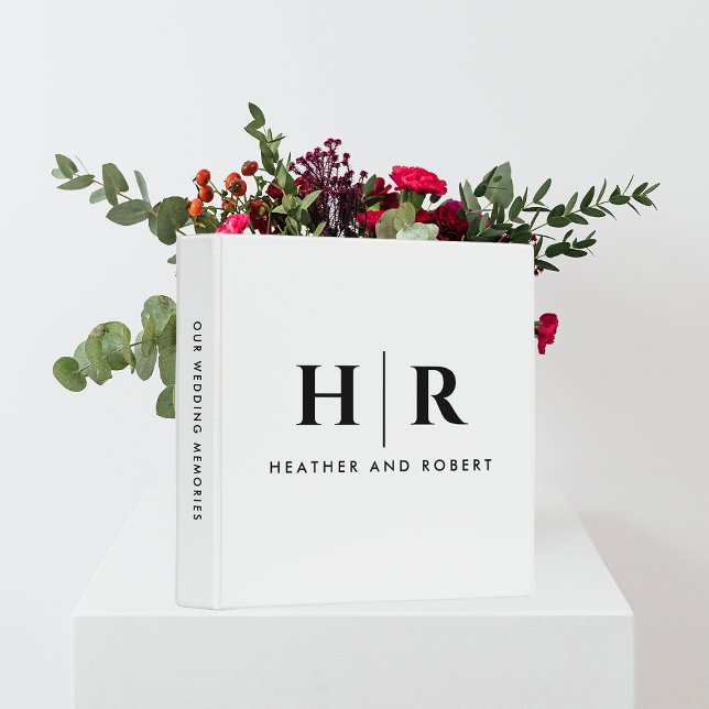 Monogram Wedding Album Classic Chic Minimal White 3 Ring Binder (Creator Uploaded)