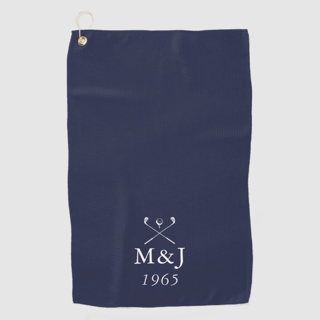 Monogram Wedding Anniversary Date Navy Blue Golf Towel (Front)