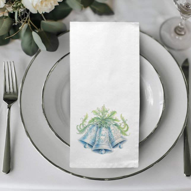Monogram wedding bell green silver blue wedding  cloth napkin (Creator Uploaded)