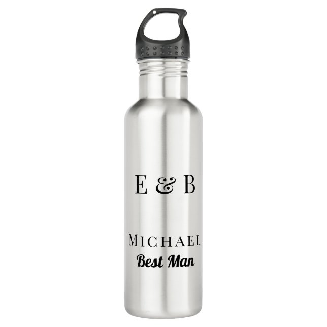 Monogram Wedding Best Man Gift Personalized Black  Stainless Steel Water Bottle (Front)