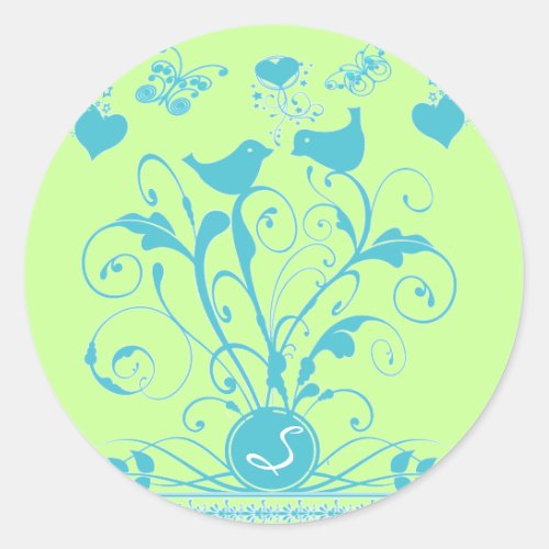 Monogram Wedding Birds Hearts Swirls Aqua Blue Classic Round Sticker