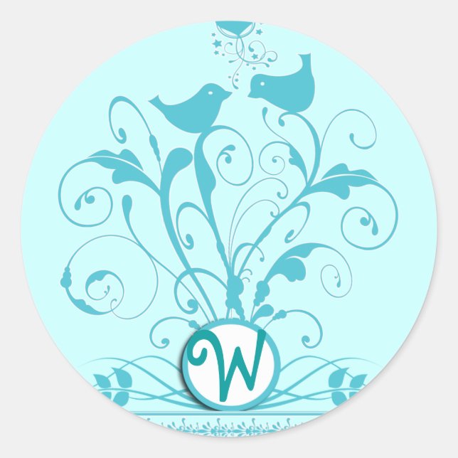 Monogram Wedding Birds Hearts Swirls Aqua Blue Classic Round Sticker (Front)