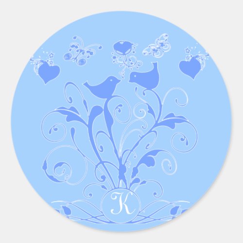 Monogram Wedding Birds Hearts Swirls  Blue Classic Round Sticker