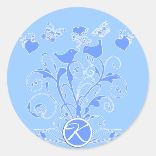Monogram Wedding Birds Hearts Swirls Blue Classic Round Sticker