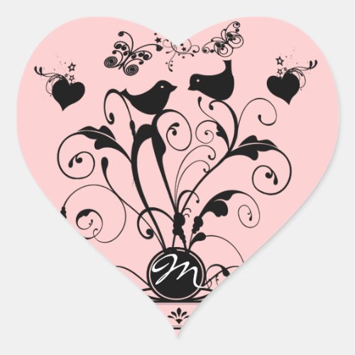 Monogram Wedding Birds Hearts Swirls Heart Sticker