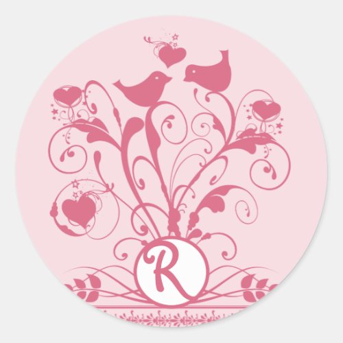 Monogram Wedding Birds Hearts Swirls Honeysuckle Classic Round Sticker