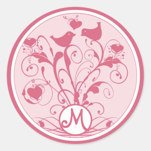Monogram Wedding Birds Hearts Swirls Honeysuckle Classic Round Sticker