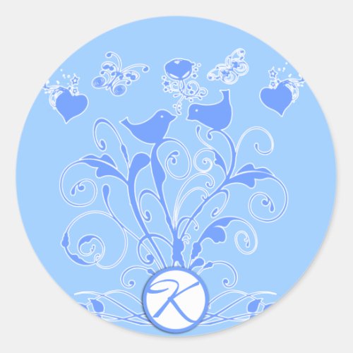 Monogram Wedding Birds Hearts Swirls Powder Blue Classic Round Sticker