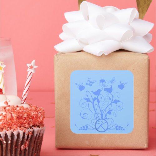 Monogram Wedding Birds Hearts Swirls Powder Blue Square Sticker