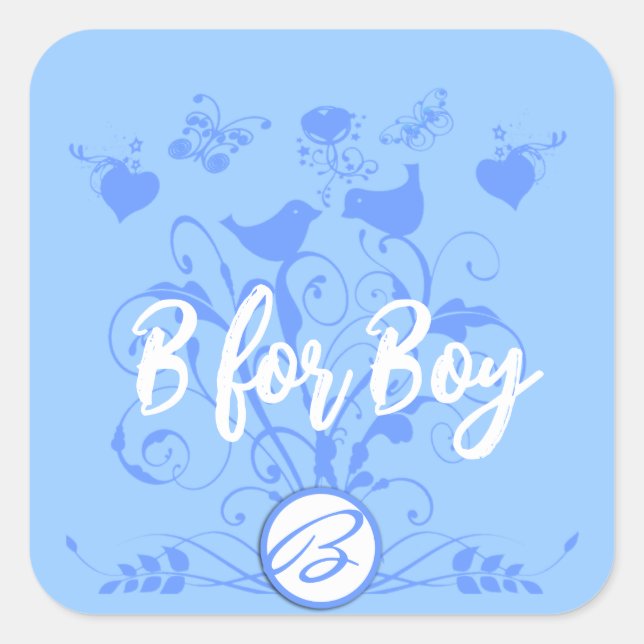 Monogram Wedding Birds Hearts Swirls Powder Blue Square Sticker (Front)