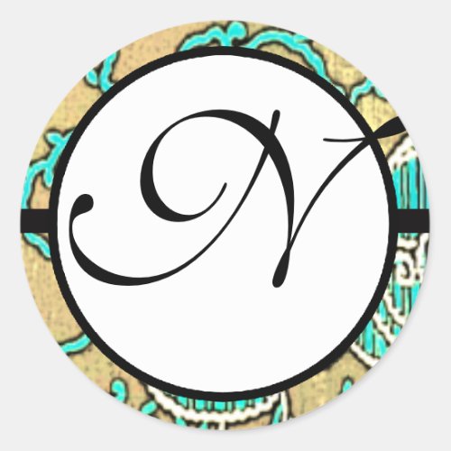 Monogram Wedding Blue Borders Classic Round Sticker