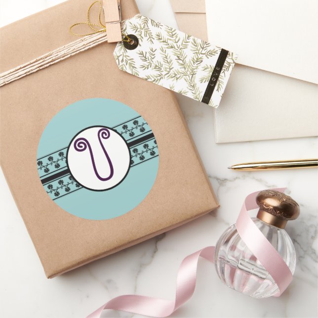 Monogram Wedding Borders  Blue Classic Round Sticker (Gifting)