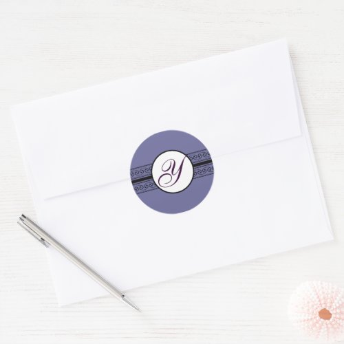 Monogram Wedding Borders Deep Periwinkle Classic Round Sticker