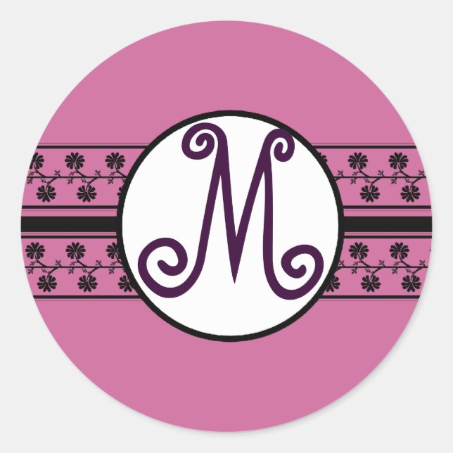 Monogram Wedding Borders Plum Classic Round Sticker (Front)