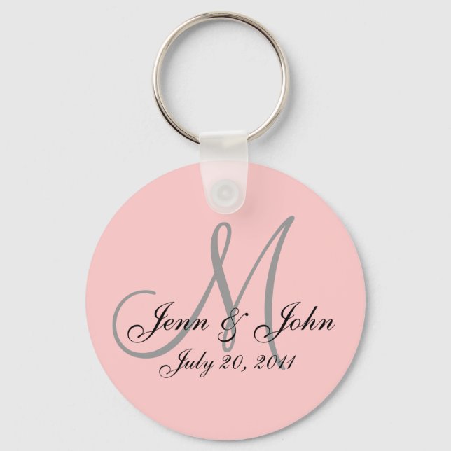 Monogram Wedding Bride Groom Date Pink Key Chain (Front)