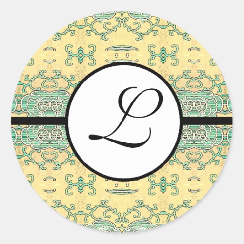 Monogram Wedding Brite Aqua Blue Borders Classic Round Sticker