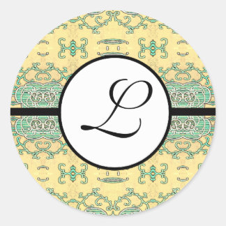 Monogram Wedding Brite Aqua Blue Borders Classic Round Sticker