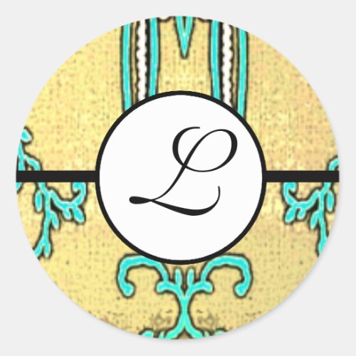 Monogram Wedding Brite Aqua Blue Borders Classic Round Sticker