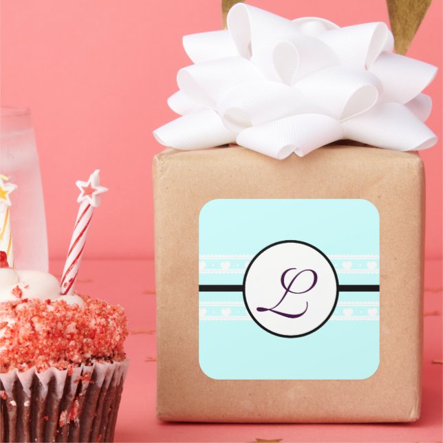 Monogram Wedding Brite Aqua Blue Borders Square Sticker (Party)